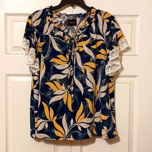 Amana Womens Multi-Color Tunic Style Keyhole Blouse Lace Trimmed Sleeves Sz 3X